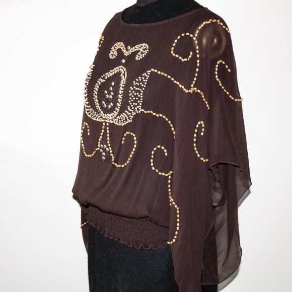 Brown Silk Blouse Boho Top L Beaded Front - Picture 4 of 5